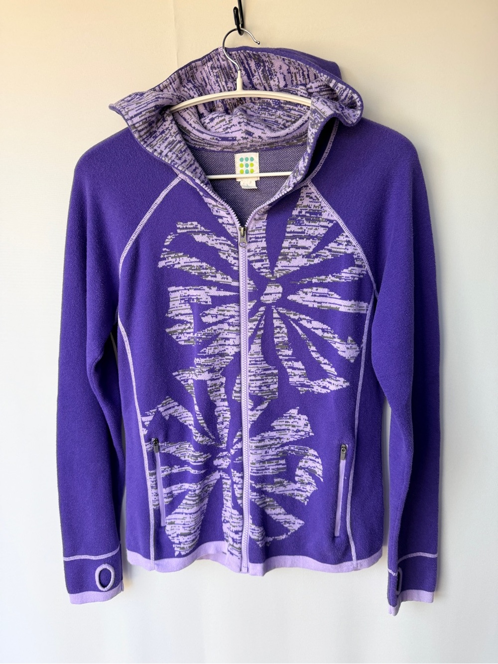 Title Nine Purple Floral Full Zip Hooded Sweater Jacket Large